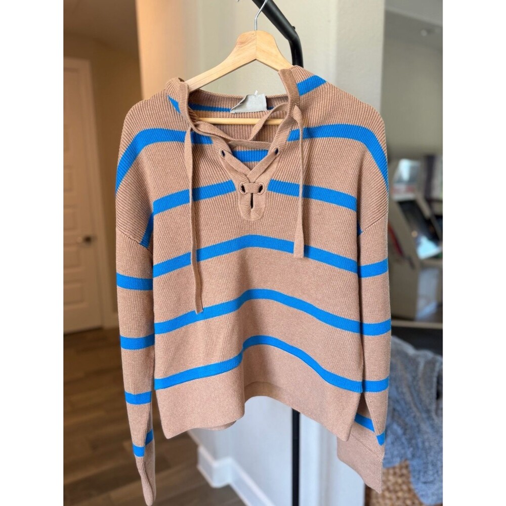 Everlane Lace-Up V-Neck Striped Smock Wool Blend Sweater in Tan & Blue M